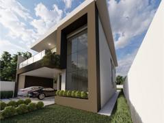 Fachada moderna de dois andares com varanda e garagem para dois carros.