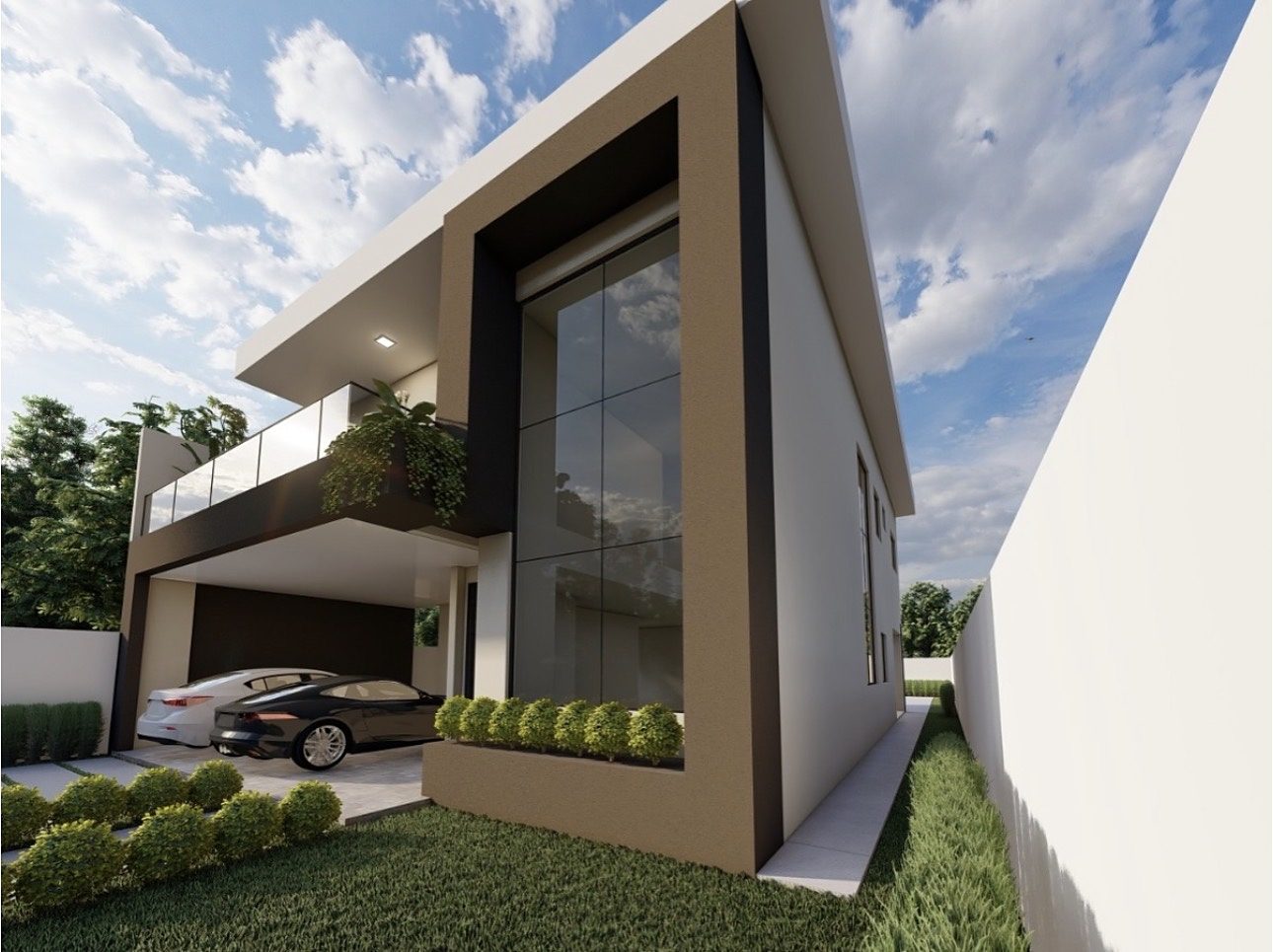 Fachada lateral com pé-direito duplo