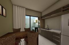Sala de jantar integrada à cozinha com bancada e armários.